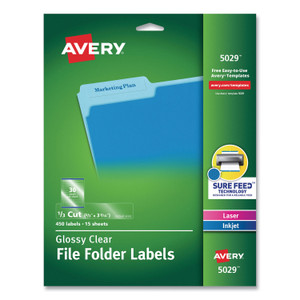 Avery Clear Permanent File Folder Labels with Sure Feed Technology, 0.66 x 3.44, Clear, 30/Sheet, 15 Sheets/Pack