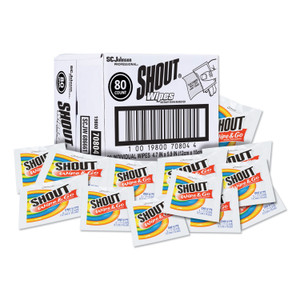 Shout Wipe and Go Instant Stain Remover, 4.7 x 5.9, Unscented, White, 80 Packets/Carton