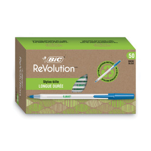 BIC Ecolutions Round Stic Ballpoint Pen Value Pack, Stick, Medium 1 mm, Blue Ink, Clear Barrel, 50/Pack (BICGSME509BE) View Product Image