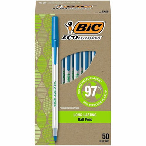 BIC Ecolutions Round Stic Ball Point Pen - 1 mm Pen Point - Blue Ink - Semi Clear Barrel