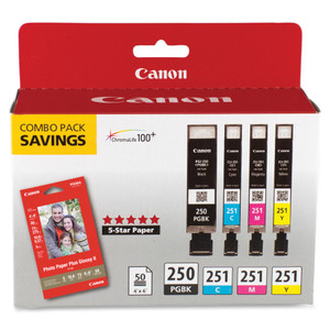 Canon PGI-250/CLI-251 Original Inkjet Ink Cartridge/Paper Kit - Combo Pack - Pigment Black, Cyan, Magenta, Yellow - 4 / Pack - Inkjet - Pigment Black, Cyan, Magenta, Yellow (CNM250BKCLI251)