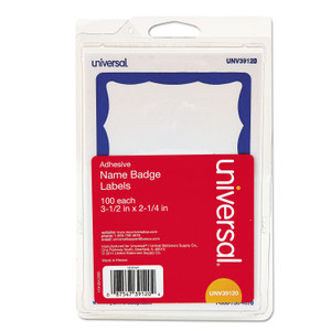 Universal Border-Style Self-Adhesive Name Badges, 3 1/2 x 2 1/4, White/Blue, 100/Pack (UNV39120) View Product Image