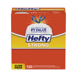 Hefty Strong Tall Kitchen Drawstring Bags, 13 gal, 0.9 mil, 23.75" x 27", White, 90 Bags/Box, 3 Boxes/Carton (RFPE84574CT) View Product Image