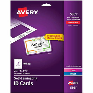 Avery Self-laminating ID Cards - 2" Width x 3.3" Height - Self Sticking - Laminated, Perforated, Printable, Durable, Perforated, Self-adhesive - Card, Tile - Card Stock