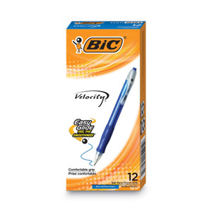 BIC Velocity Easy Glide Ballpoint Pen, Retractable, Medium 1 mm, Blue Ink, Translucent Blue Barrel, Dozen (BICVLG11BE) View Product Image