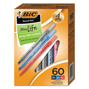 BIC Round Stic Xtra Precision Ballpoint Pen Value Pack, Stick, Medium 1 mm, Assorted Ink and Barrel Colors, 60/Pack (BICGSM609AST) View Product Image