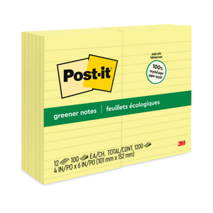 Post-it Greener Notes Original Recycled Note Pads, Note Ruled, 4" x 6", Canary Yellow, 100 Sheets/Pad, 12 Pads/Pack