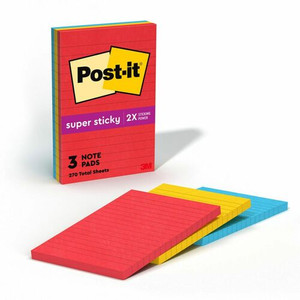 Post-it Notes Original Lined Notepads -Playful Primaries Color Collection - 270 - 4" Flag/Note Width x 6" Flag/Note Length - Rectangle - 90 Sheets per Pad - Ruled