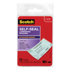 Scotch Self-Sealing Laminating Pouches, 9 mil, 3.8" x 2.4", Gloss Clear, 10/Pack (MMMLS85110G) View Product Image