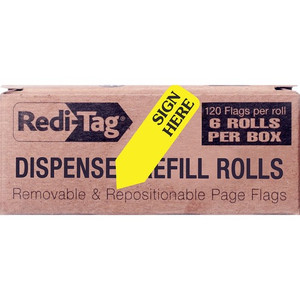 Redi-Tag Sign Here Arrow Flags Dispenser Refills - 720 x Yellow - 1 7/8" Flag/Note Width x 9/16" Flag/Note Length - SIGN HERE - Yellow - Removable, Self-adhesive