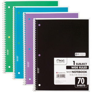 Mead Spiral Notebook, 1 Subject, 70 Pg, 10-1/2"x7-1/2", 4/PK, AST (MEA72873) View Product Image