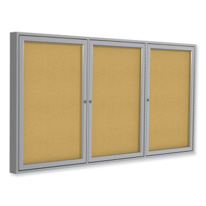 Ghent 3 Door Enclosed Natural Cork Bulletin Board with Satin Frame, 96" x 48", Tan Surface, Satin Aluminum Frame