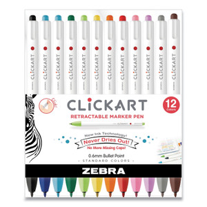 Zebra ClickArt Porous Point Pen, Retractable, Fine 0.6 mm, Assorted Ink Colors, White Barrel, 12/Pack