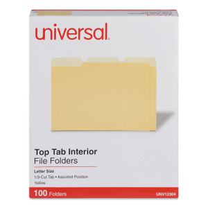 Universal Interior File Folders, 1/3-Cut Tabs: Assorted, Letter Size, 11-pt Stock, Yellow, 100/Box (UNV12304) View Product Image