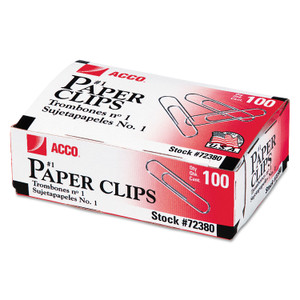 ACCO Paper Clips, #1, Smooth, Silver, 100 Clips/Box, 10 Boxes/Pack ACC72380 (ACC72380) View Product Image