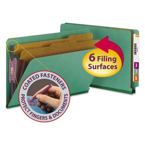Smead End Tab Pressboard Classification Folders, Six SafeSHIELD Fasteners, 2" Expansion, 2 Dividers, Legal Size, Green, 10/Box