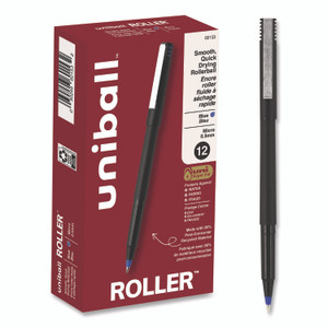 uniball Rollerball Pen, Stick, Extra-Fine 0.5 mm, Blue Ink, Black/Blue Barrel, Dozen