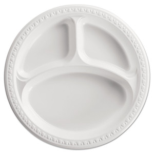 Chinet Heavyweight Plastic 3-Compartment Plates, 10.25" dia, White, 125/Pack, 4 Packs/Carton (HUH81230) View Product Image