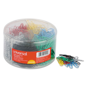 Universal Plastic-Coated Paper Clips with Six-Compartment Dispenser Tub, #3, Assorted Colors, 1,000/Pack (UNV21000) View Product Image