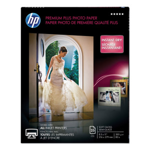 HP Premium Plus Photo Paper, 11.5 mil, 8.5 x 11, Soft-Gloss White, 25/Pack (HEWCR671A) View Product Image