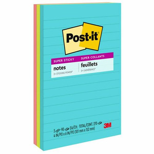 Post-it Super Sticky Notes - Supernova Neons Color Collection - 270 x Multicolor - 4" Flag/Note Width x 6" Flag/Note Length - Rectangle - 90 Sheets per Pad