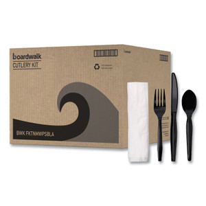 Boardwalk Four-Piece Cutlery Kit, Mediumweight, Fork/Knife/Napkin/Spoon, Plastic, Black, 250/Carton