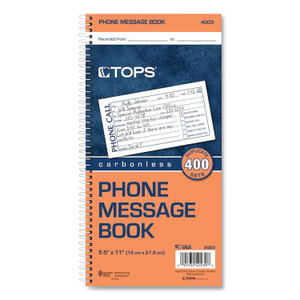 TOPS Spiralbound Message Book, Two-Part Carbonless, 5 x 2.75, 4 Forms/Sheet, 400 Forms Total
