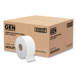 GEN Jumbo Bath Tissue, Septic Safe, 2-Ply, White, 3.5" x 750 ft, 12/Carton (GENJRT2PLY) View Product Image