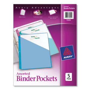 Avery Binder Pockets, 3-Hole Punched, 9.25 x 11, Assorted Colors, 5/Pack (AVE75254) View Product Image