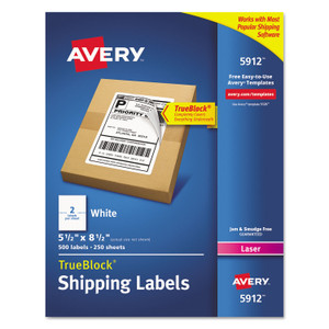 Avery Shipping Labels w/ TrueBlock Technology, Laser Printers, 5.5 x 8.5, White, 2/Sheet, 250 Sheets/Box (AVE5912) View Product Image