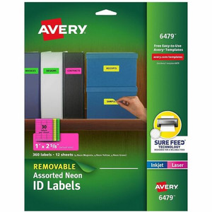 Avery Multipurpose Label - 1" Width x 2 5/8" Length - Removable Adhesive - Rectangle - Inkjet, Laser - Neon Green, Neon Magenta, Neon Yellow