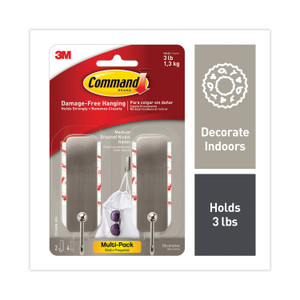 Command Decorative Hooks, Medium, Metal, Brushed Nickel, 3 lb Capacity, 2 Hooks and 4 Strips/Pack (MMM17034BN2ES) View Product Image