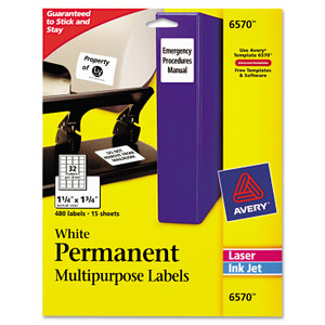 Avery Permanent ID Labels w/ Sure Feed Technology, Inkjet/Laser Printers, 1.25 x 1.75, White, 32/Sheet, 15 Sheets/Pack (AVE6570) View Product Image