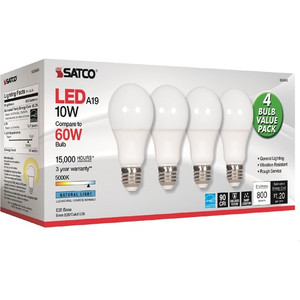 Satco 10W A19 LED 5000K Light Bulbs - 10 W - 60 W Incandescent Equivalent Wattage - 120 V AC - 800 lm - A19 Size