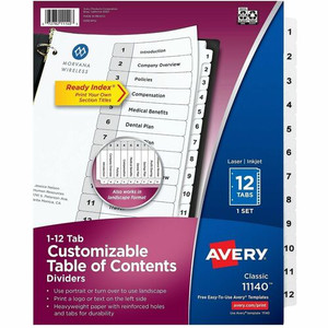 Avery Ready Index Table of Content Dividers for Laser and Inkjet Printers, 12 tabs - 12 x Divider(s) - 1-12 - 12 Tab(s)/Set - 8.5" Divider Width x 11" Divider Length - 3 Hole Punched