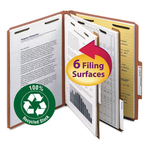 Smead Recycled Pressboard Classification Folders, 2" Expansion, 2 Dividers, 6 Fasteners, Letter Size, Red Exterior, 10/Box