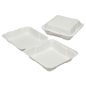 AbilityOne 7350016646907, SKILCRAFT Clamshell Hinged Lid ToGo Food Containers, 9 x 9 x 3, White, Paper, 200/Box (NSN6646907) View Product Image