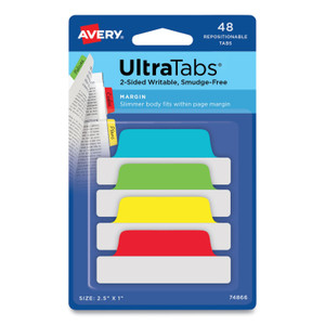 Avery Ultra Tabs Repositionable Tabs, Margin Tabs: 2.5" x 1", 1/5-Cut, Assorted Colors, 48/Pack