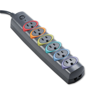 Kensington SmartSockets Color-Coded Strip Surge Protector, 6 AC Outlets, 6 ft Cord, 670 J, Gray