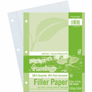 Ecology Recycled Filler Paper - Letter - 150 Sheets - College Ruled Front Ruling - 0.28" Ruled - Ruled Red Margin