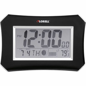 Lorell LCD Wall/Alarm Clock - Digital - Quartz - LCD - Black Main Dial - Silver Case