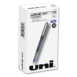 uniball VISION Rollerball Pen, Stick, Extra-Fine 0.5 mm, Blue Ink, Gray/Blue/Clear Barrel, Dozen