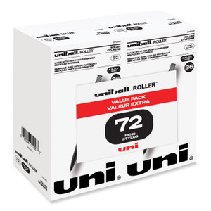 uniball Rollerball Pen, Stick, Extra-Fine 0.5 mm, Black Ink, Black Barrel, 72/Pack