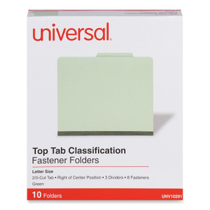Universal Eight-Section Pressboard Classification Folders, 3" Expansion, 3 Dividers, 8 Fasteners, Letter Size, Green Exterior, 10/Box (UNV10291) View Product Image