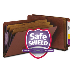 Smead End Tab Pressboard Classification Folders, Eight SafeSHIELD Fasteners, 3" Expansion, 3 Dividers, Legal Size, Red, 10/Box (SMD29865) View Product Image