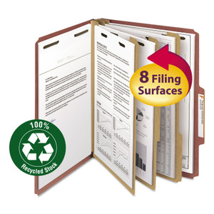 Smead Recycled Pressboard Classification Folders, 3" Expansion, 3 Dividers, 8 Fasteners, Letter Size, Red Exterior, 10/Box (SMD14099) View Product Image