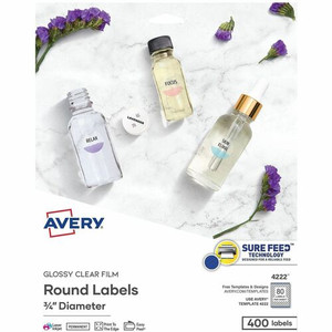 Avery Sure Feed Glossy Clear Round Labels - 3/4" Diameter - Permanent Adhesive - Round - Inkjet, Laser - Crystal Clear