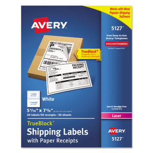 Avery Shipping Labels with Paper Receipt and TrueBlock Technology, Inkjet/Laser Printers, 5.06 x 7.63, White, 50/Pack (AVE5127) View Product Image