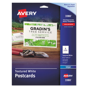 Avery Printable Postcards, Inkjet, 65 lb, 4.25 x 5.5, Textured Matte White, 120 Cards, 4 Cards/Sheet, 30 Sheets/Box (AVE3380) View Product Image