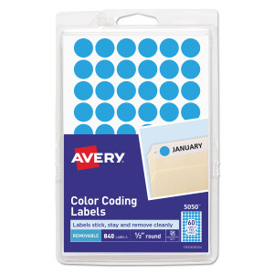 Avery Handwrite Only Self-Adhesive Removable Round Color-Coding Labels, 0.5" dia, Light Blue, 60/Sheet, 14 Sheets/Pack, (5050) View Product Image